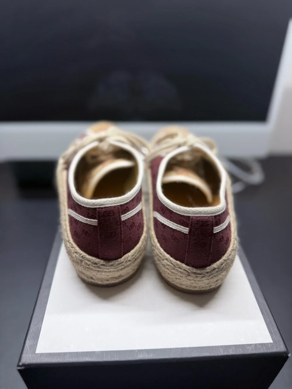 Gucci - Men’s Burgundy and Beige Canvas Espadrille Sneakers - Picture 3 of 5